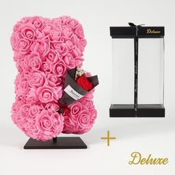 Beer DELUXE op standaard 25cm - roze foam met boeket - in luxe cadeauverpakking 25 cm (50557)