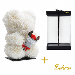 Beer DELUXE op standaard 25cm - wit foam met boeket - in luxe cadeauverpakking 25 cm (50559)
