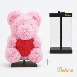 Beer DELUXE op standaard 40cm - lichtroze foam met rood hart - in luxe cadeauverpakking 40 cm (50572)