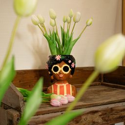 Vaas Lady Sunny + 10x real touch Tulpen wit/groen (8720872023861)