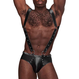 Male power Uranus - Harness Style Open Back Jock Briefs met Suspender Straps - S/M - Zwart (845830085885)