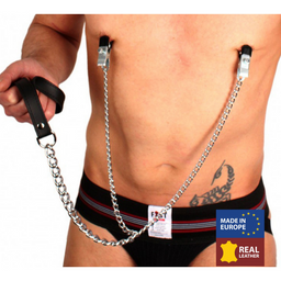 Red leather Borstenklemmen en Leash - Zwart/Zilver (3701019810549)