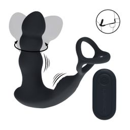Levelz by shots Dual Vibrating Remote Rotating Head Silicone Prostate Stimulator with Cock and Ball Ring - Black (8714273068187)