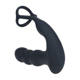 Levelz by shots Dual Vibrating Remote Rotating Head Silicone Prostate Stimulator with Cock and Ball Ring - Black (8714273068187)
