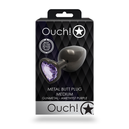 Ouch! by shots Heart Gem Butt Plug - Medium - Gunmetal/Amethist Paars (8714273493415)