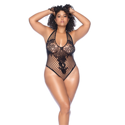 Mapalé Bloemen Fishnet Bodysuit - Koning Maat - Zwart (190602203821)