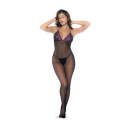 Mapalé Visnet en Kant Bodystocking Set - Één Maat - Zwart/Paarse (190602203982)