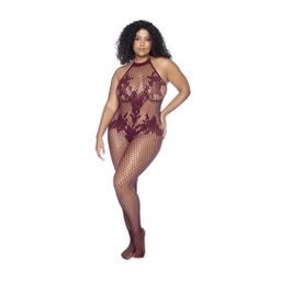 Mapalé Halter en Kralenloze Bloemen Bodystocking - Koninginneformaat - Kers (190602203845)