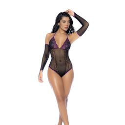 Mapalé Visnet en Kant Bodysuit Set - One Size - Zwart/Paarse (190602203975)