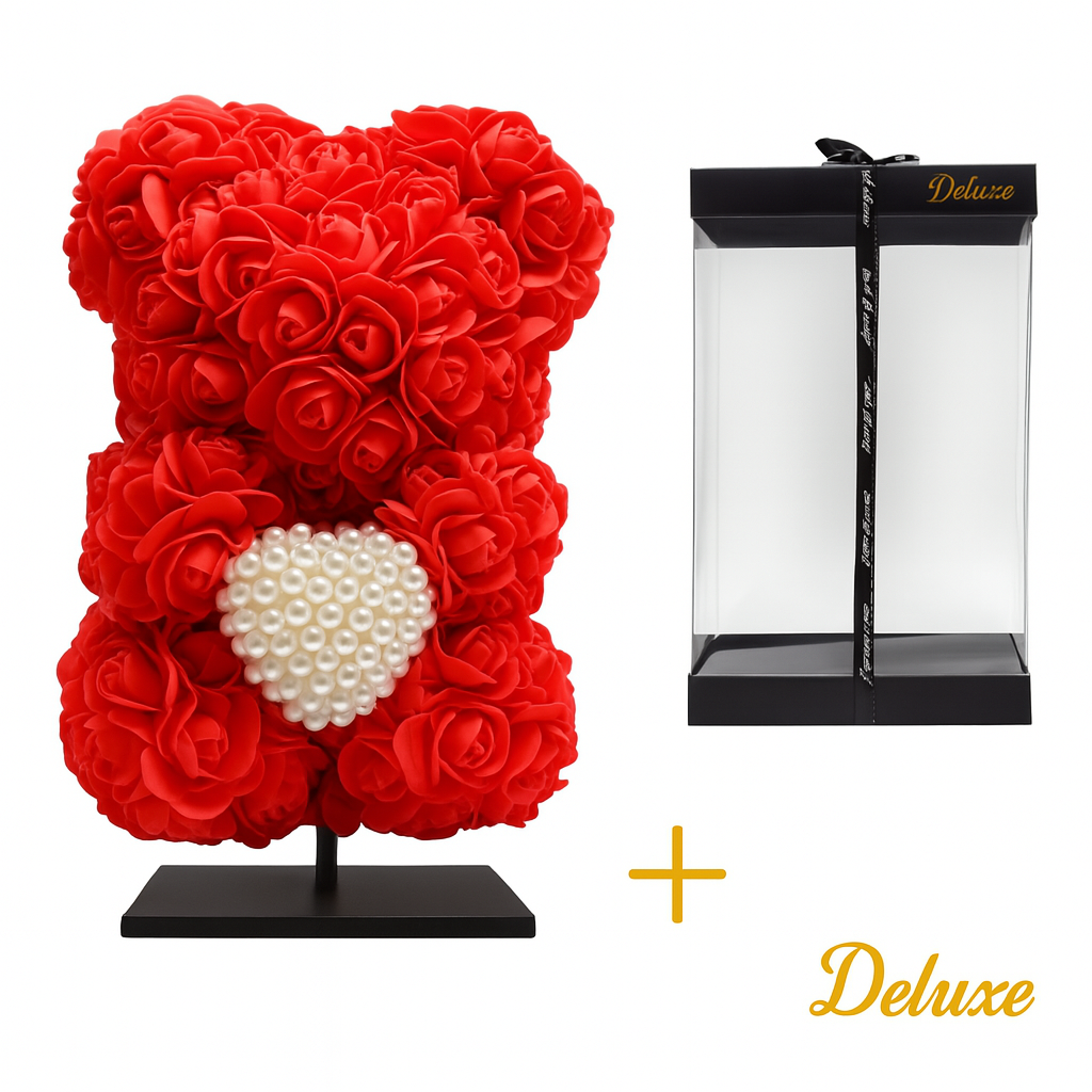Beer DELUXE op standaard 25cm - rood foam met diamanten hart - in luxe cadeauverpakking 25 cm (50555)