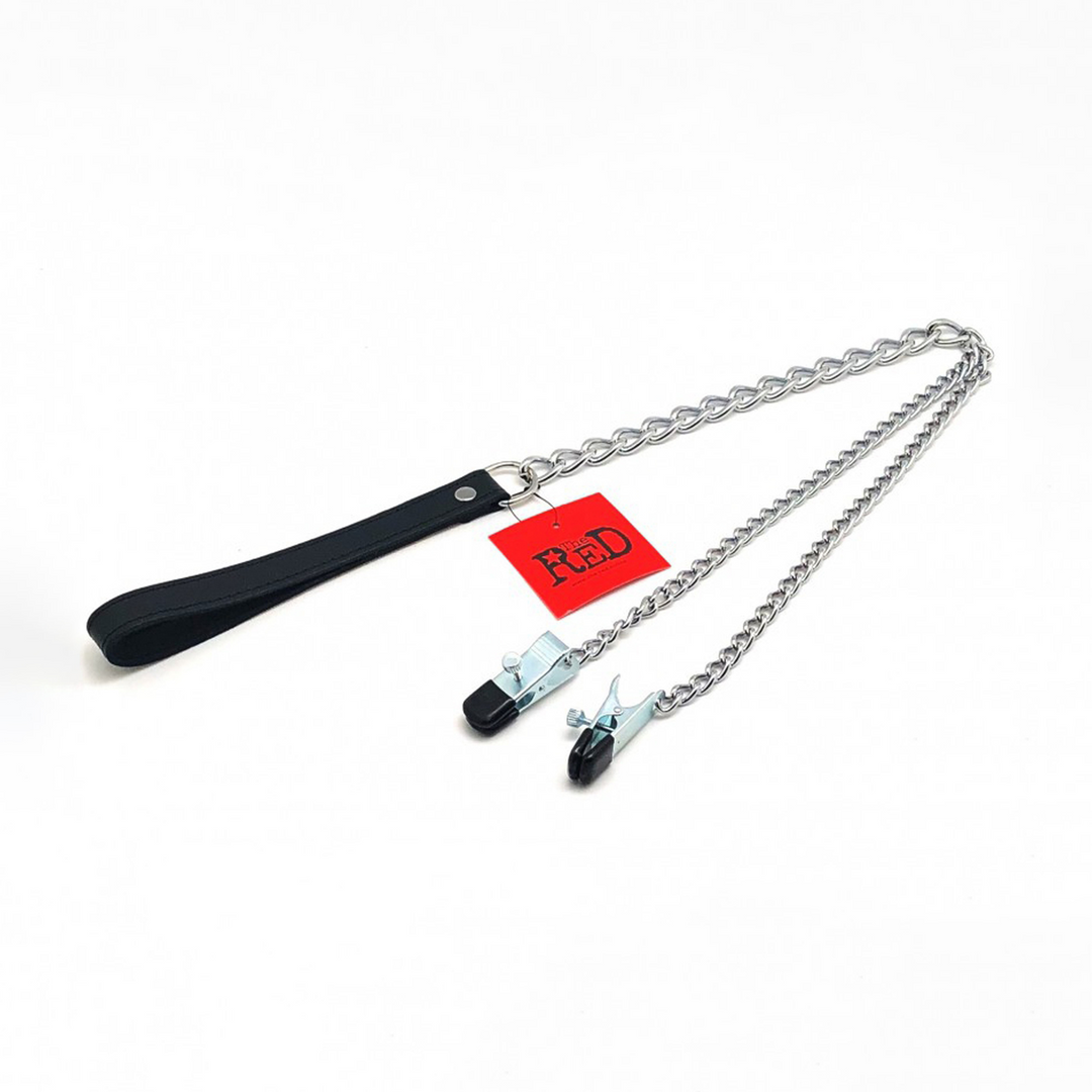 Red leather Borstenklemmen en Leash - Zwart/Zilver (3701019810549)