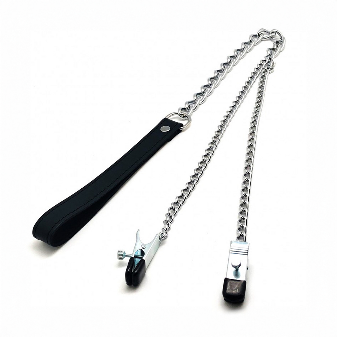 Red leather Borstenklemmen en Leash - Zwart/Zilver (3701019810549)