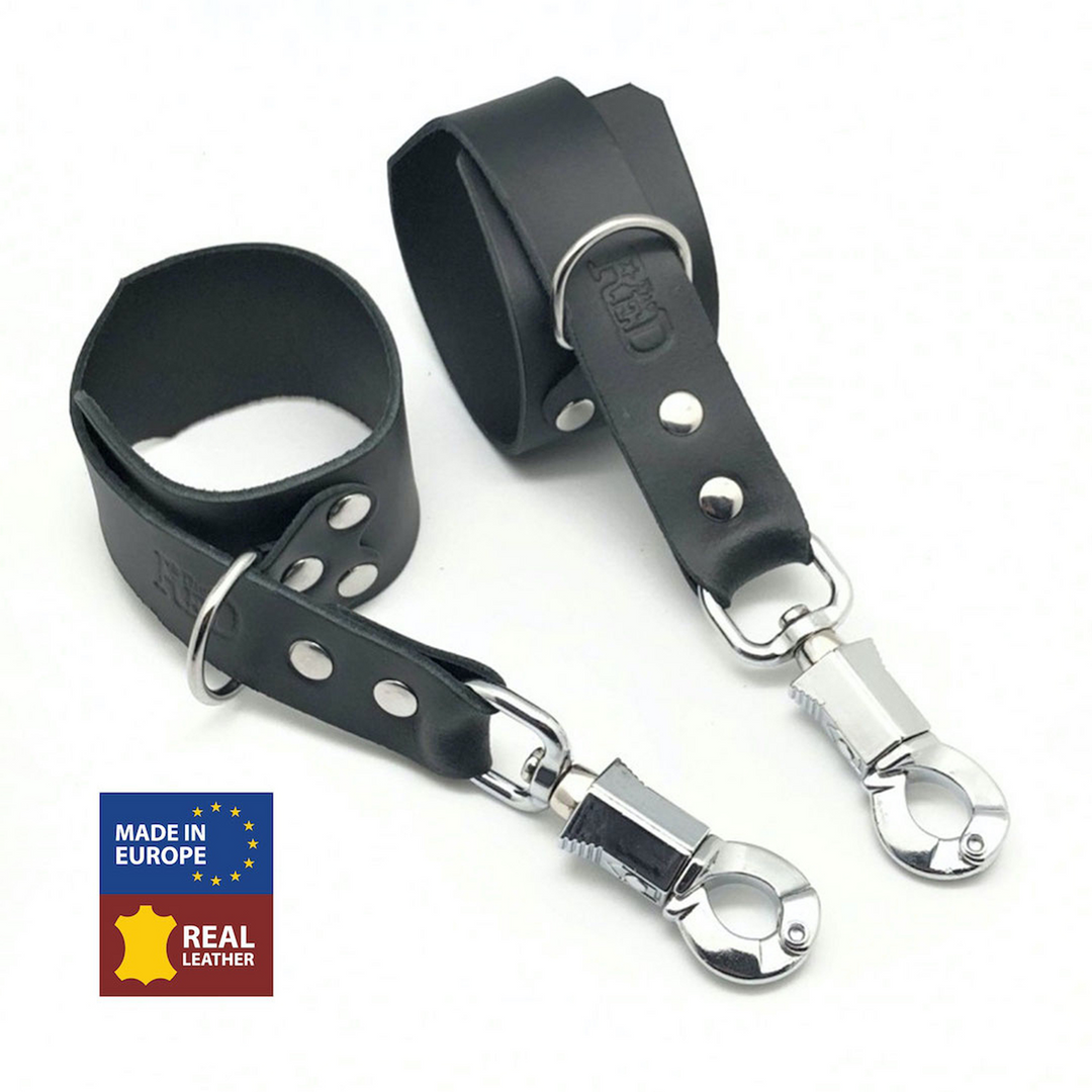 Red leather Leren Handboeien met Anti-Panic Karabijnhaak - Zwart (3662811326815)