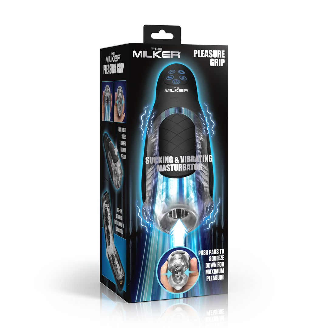Xr brands De Milker Pleasure Grip - Zuig- en Vibrerende Masturbator - Transparant/Zwart (848518057488)