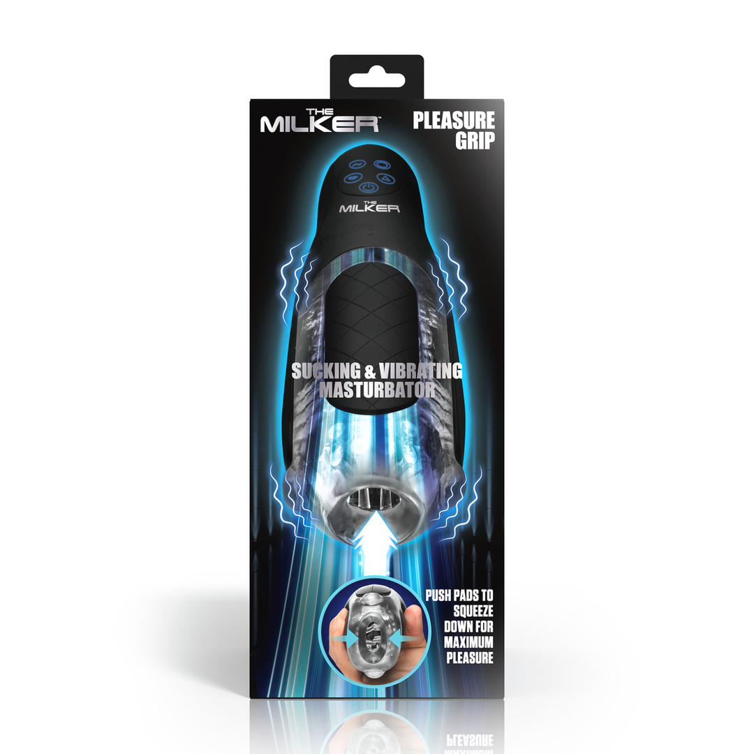 Xr brands De Milker Pleasure Grip - Zuig- en Vibrerende Masturbator - Transparant/Zwart (848518057488)