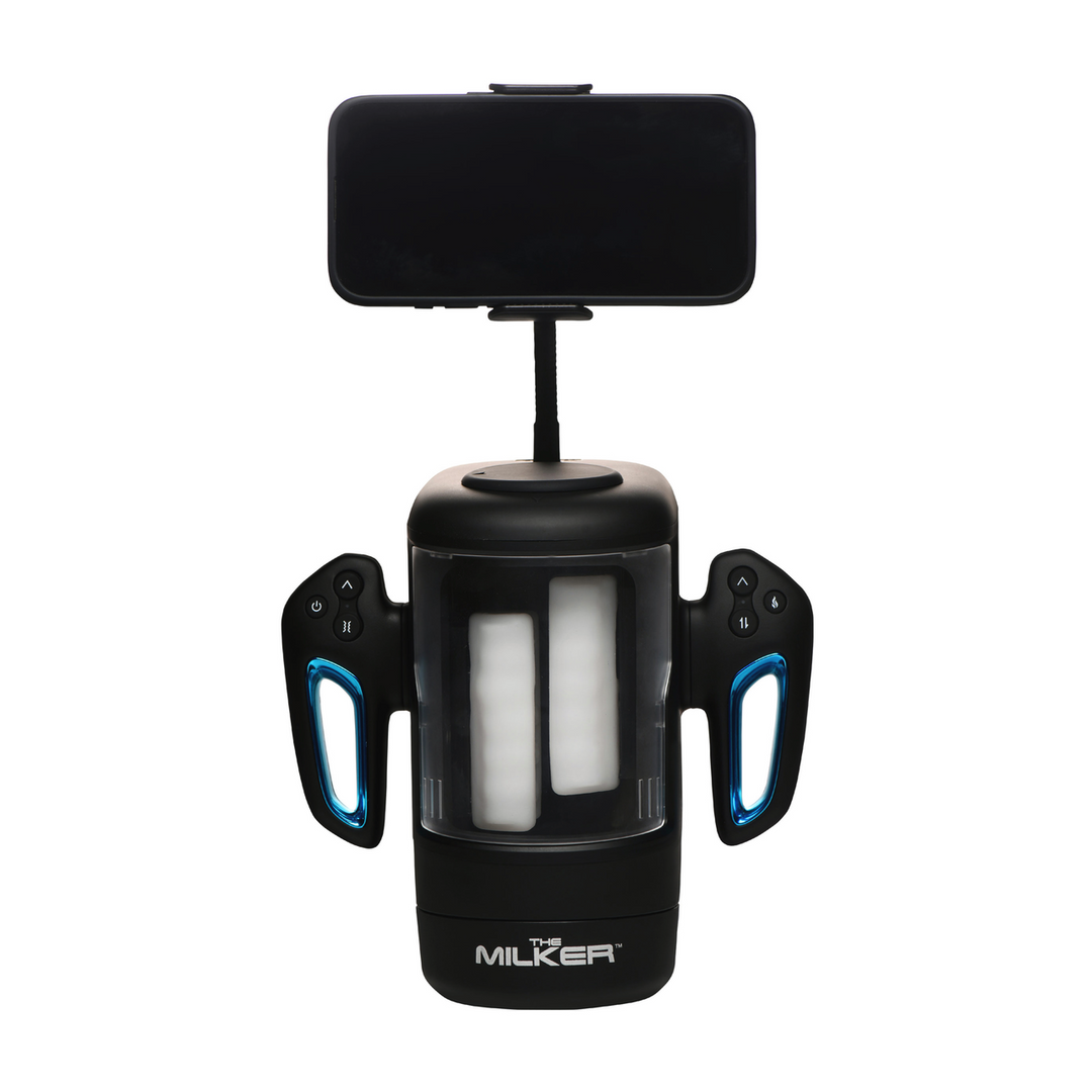 Xr brands Cyber Milker - Stimulerende en Vibrerende Masturbator met Telefoonhouder - Transparant/Zwart (848518056474)