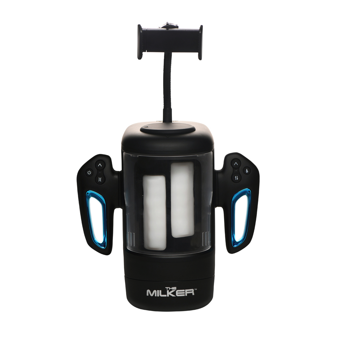 Xr brands Cyber Milker - Stimulerende en Vibrerende Masturbator met Telefoonhouder - Transparant/Zwart (848518056474)