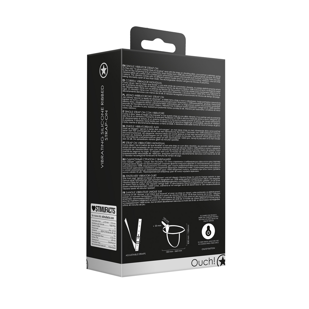 Ouch! by shots Vibrerende en oplaadbare - 10 snelheid silicone geribbelde strap-on - Verstelbaar - Zwart (8714273507587)