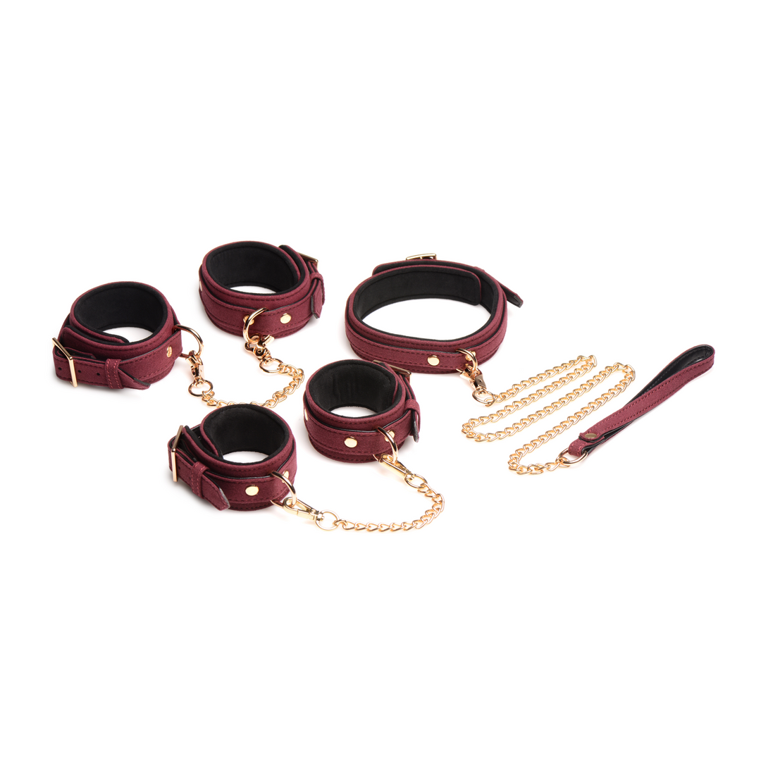 Xr brands 6-delige Velvet Burgundy Bondage Set met Cuffs, Collar en Belt (848518046154)