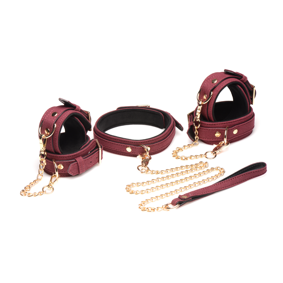 Xr brands 6-delige Velvet Burgundy Bondage Set met Cuffs, Collar en Belt (848518046154)