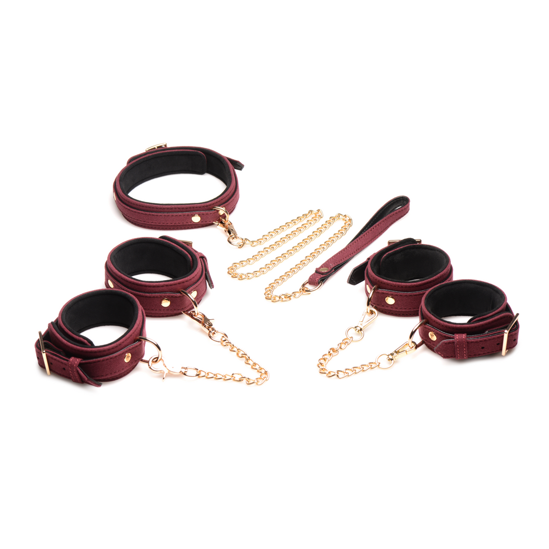 Xr brands 6-delige Velvet Burgundy Bondage Set met Cuffs, Collar en Belt (848518046154)