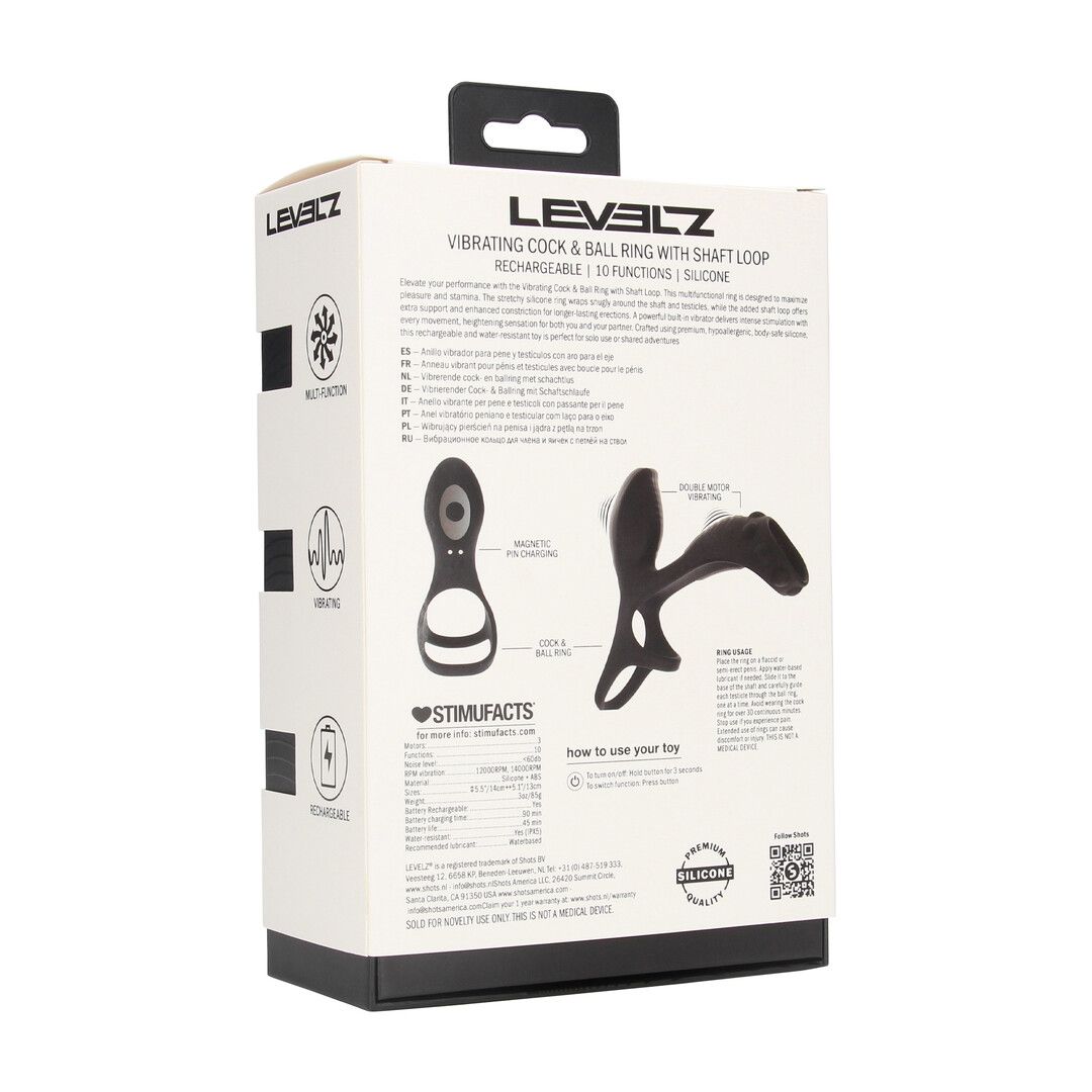 Levelz by shots Vibrerende Siliconen Cock- en Ballenring met Schachtlus - Zwart (8714273067777)