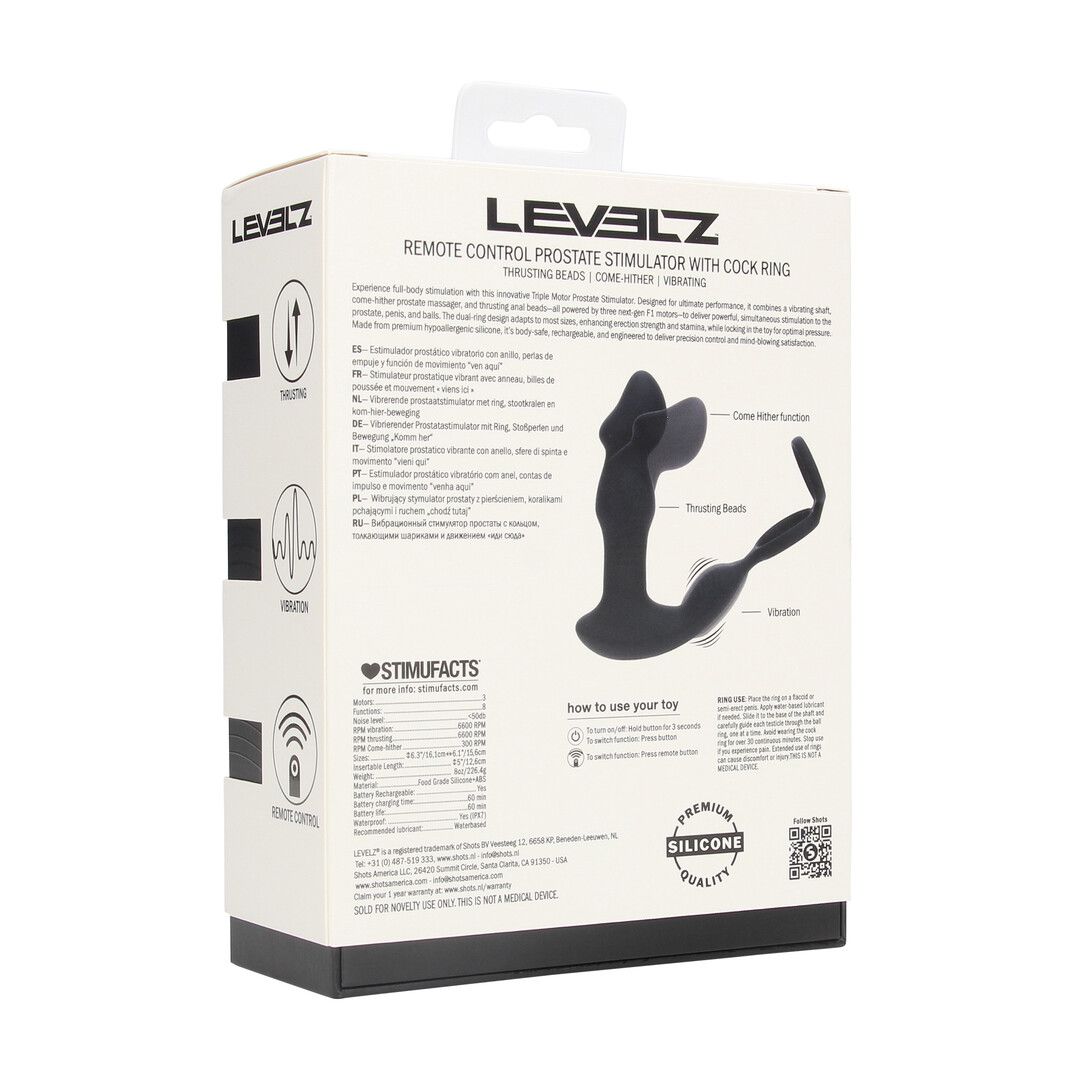 Levelz by shots Afstandsbediening Vibrerende Duwende Kom-Hier Siliconen Prostaat Stimulator met Cockring - Zwart (8714273067999)