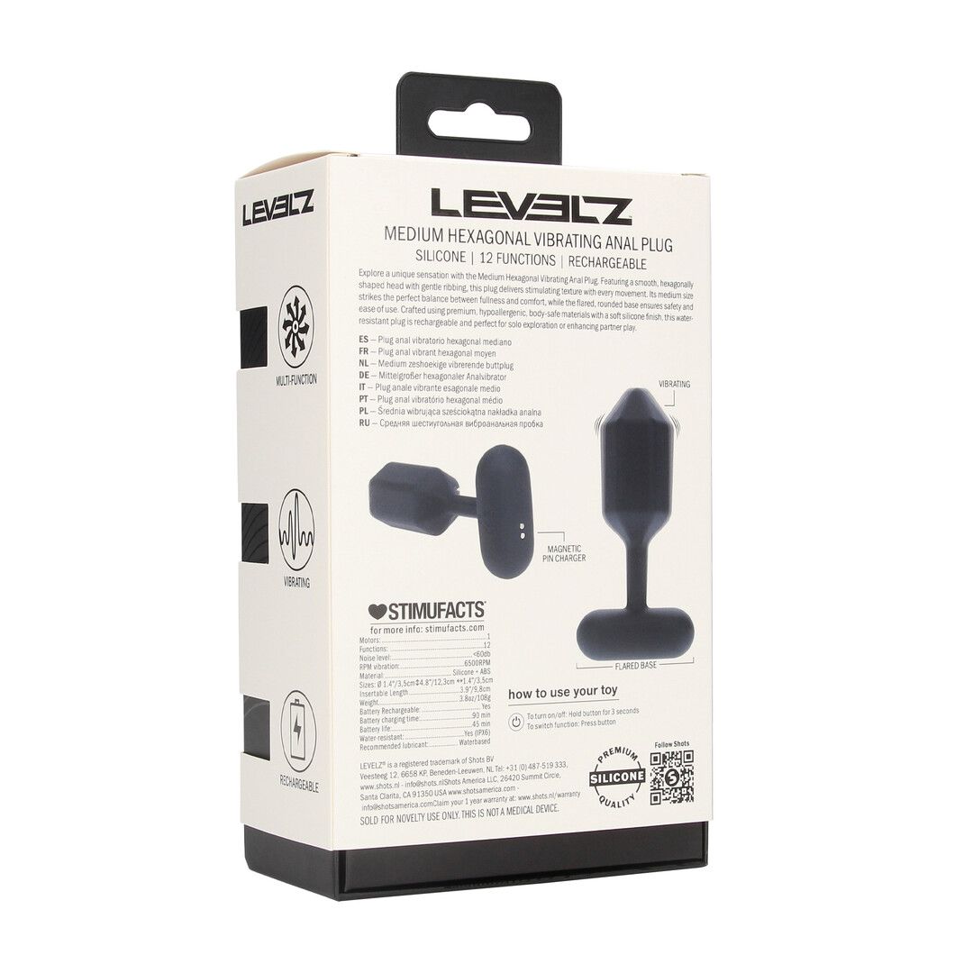 Levelz by shots Hexagonale Vibrerende Siliconen Anale Plug - M - Zwart (8714273067494)