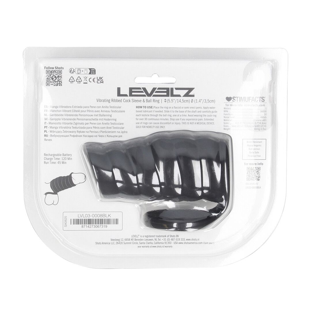 Levelz by shots Vibrerende Geribbelde Siliconen Cock Sleeve en Ball Ring - Zwart (8714273067319)