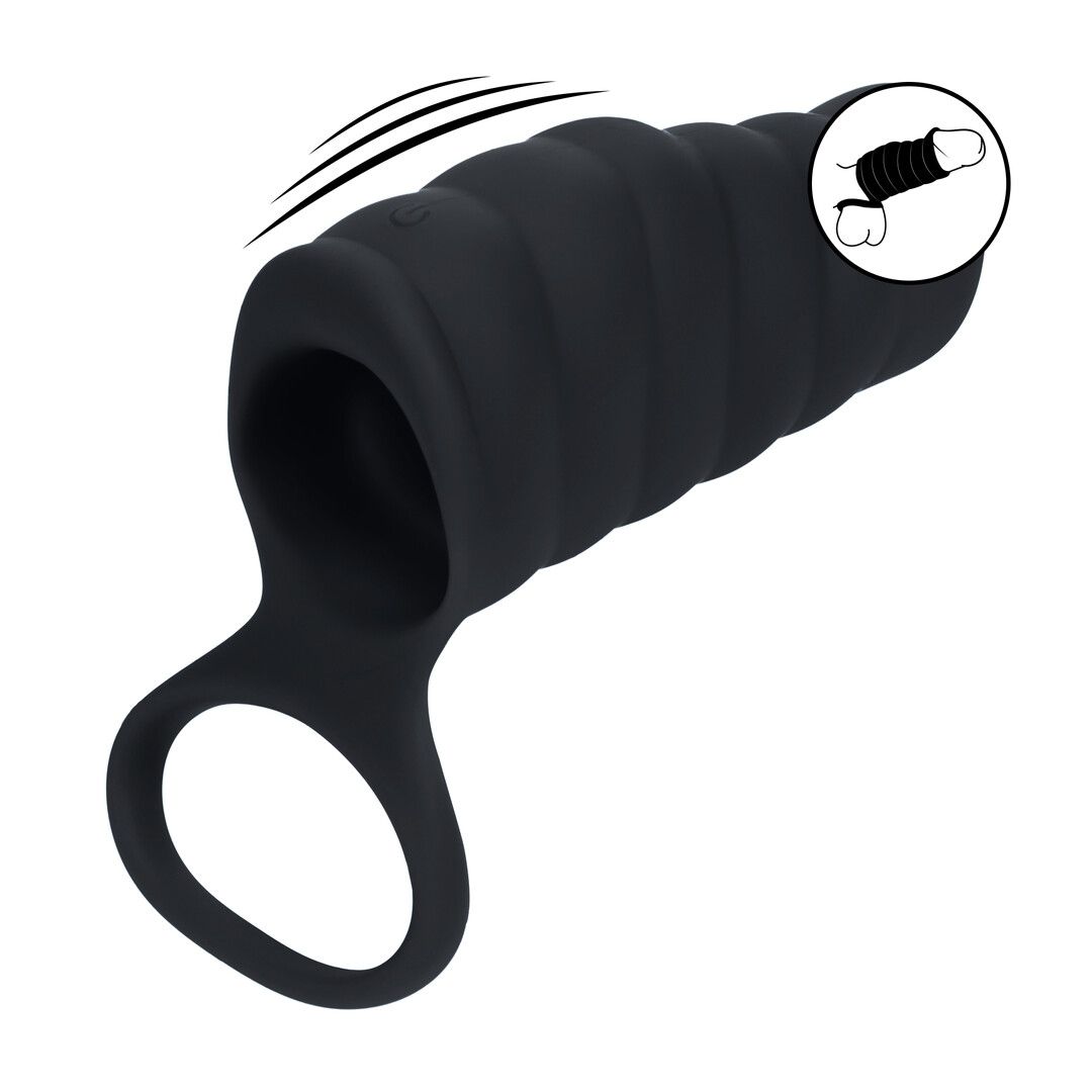 Levelz by shots Vibrerende Geribbelde Siliconen Cock Sleeve en Ball Ring - Zwart (8714273067319)