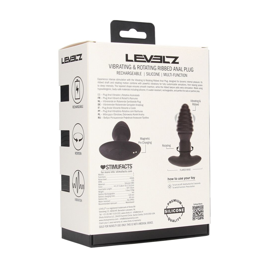 Levelz by shots Vibrerende en Draaiende Geribbelde Siliconen Anale Plug - Zwart (8714273067753)