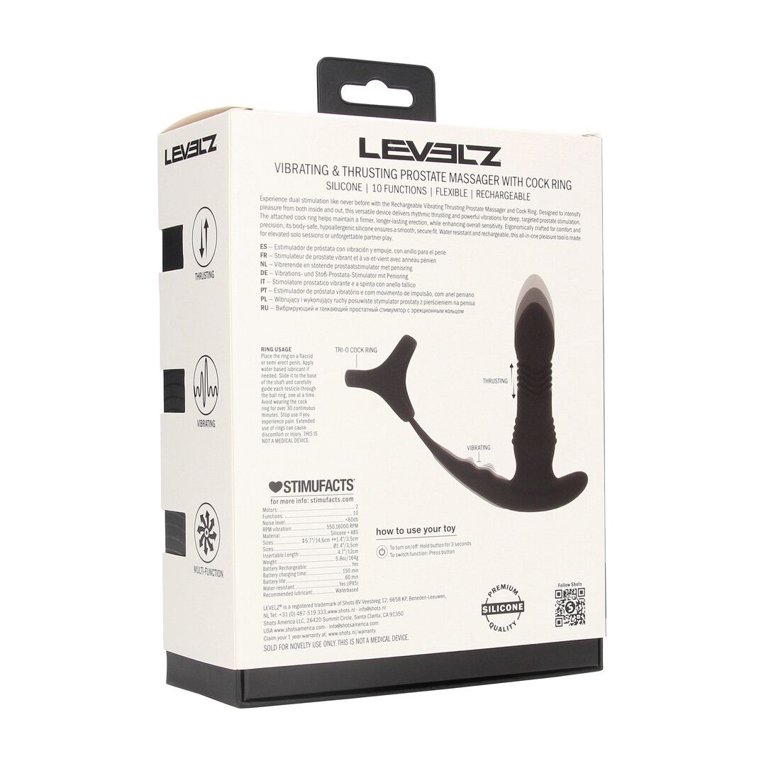 Levelz by shots Vibrerende en Duwende Siliconen Prostaatmassager met Tri O Cockring - Zwart (8714273067913)