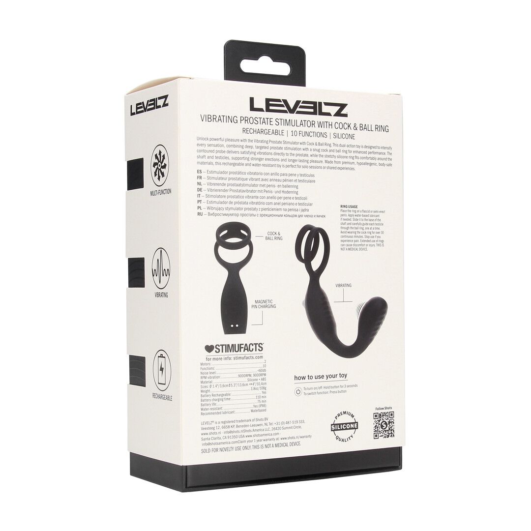 Levelz by shots Vibrerende Siliconen Prostaatstimulator met Cock- en Ballring - Zwart (8714273067678)