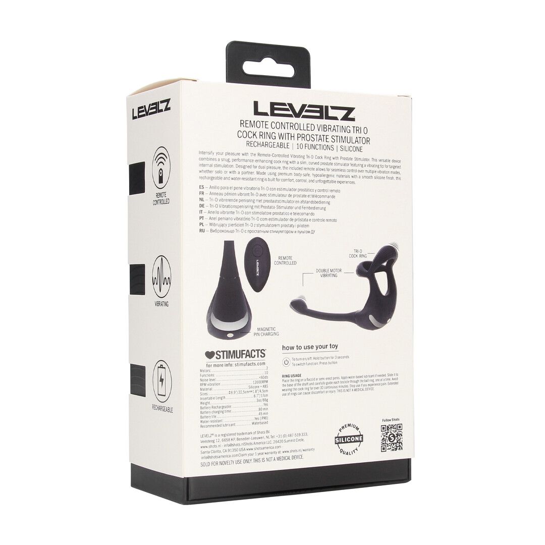 Levelz by shots Afstandsbediening Vibrerende Siliconen Tri O Cockring met Prostaatstimulator - Zwart (8714273067791)