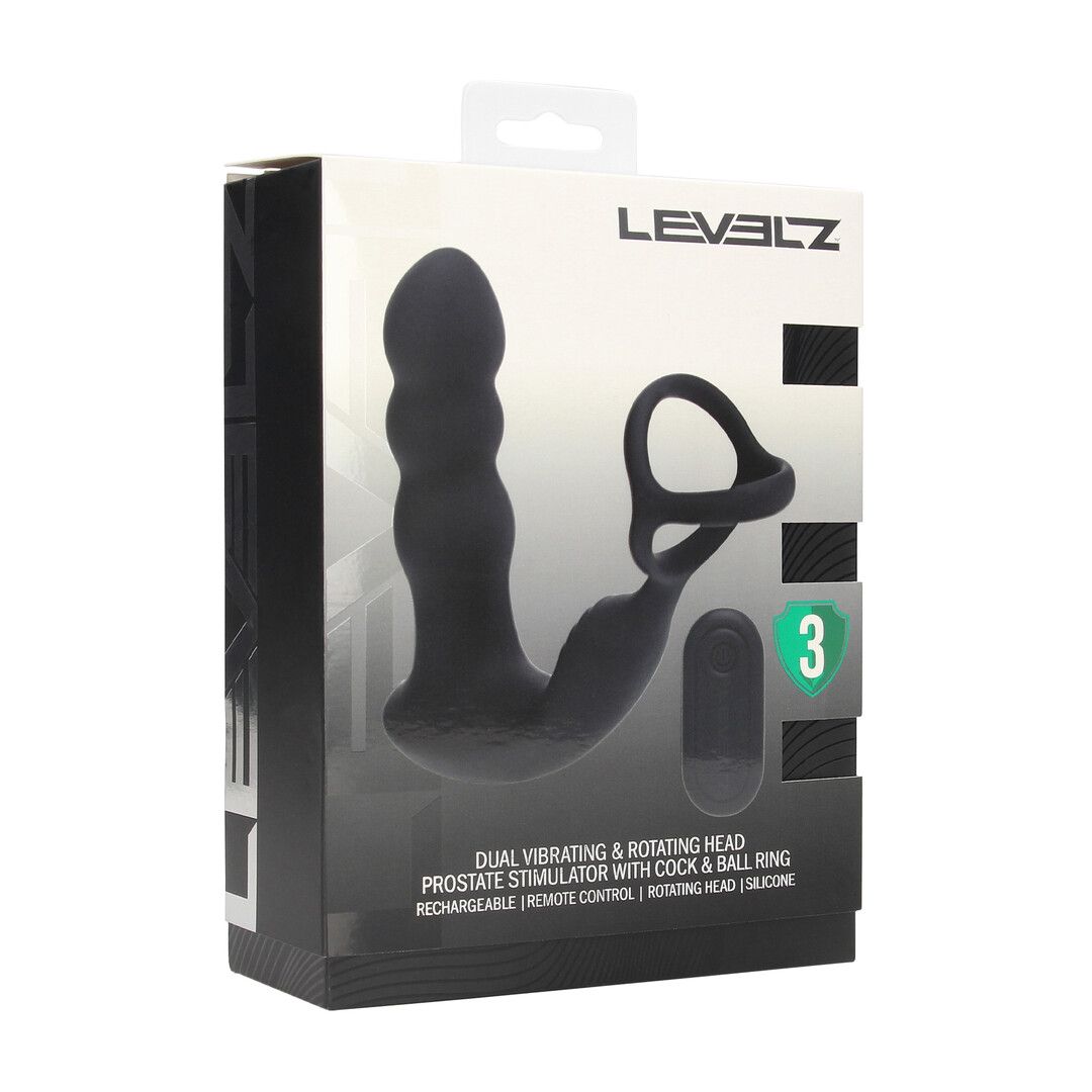 Levelz by shots Dual Vibrating Remote Rotating Head Silicone Prostate Stimulator with Cock and Ball Ring - Black (8714273068187)