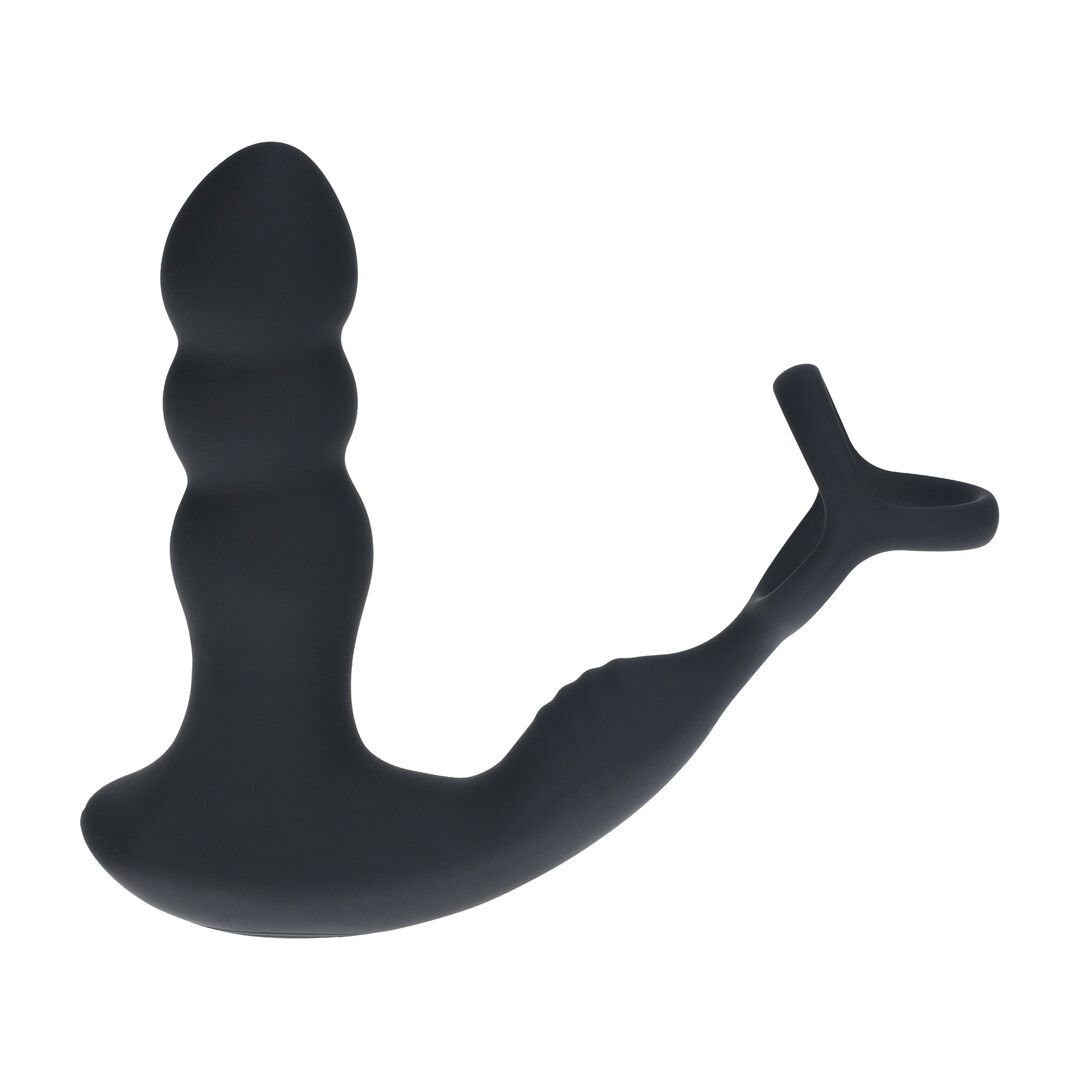 Levelz by shots Dual Vibrating Remote Rotating Head Silicone Prostate Stimulator with Cock and Ball Ring - Black (8714273068187)
