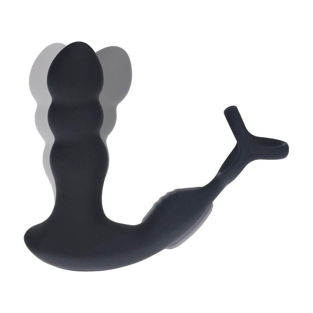 Levelz by shots Dual Vibrating Remote Rotating Head Silicone Prostate Stimulator with Cock and Ball Ring - Black (8714273068187)