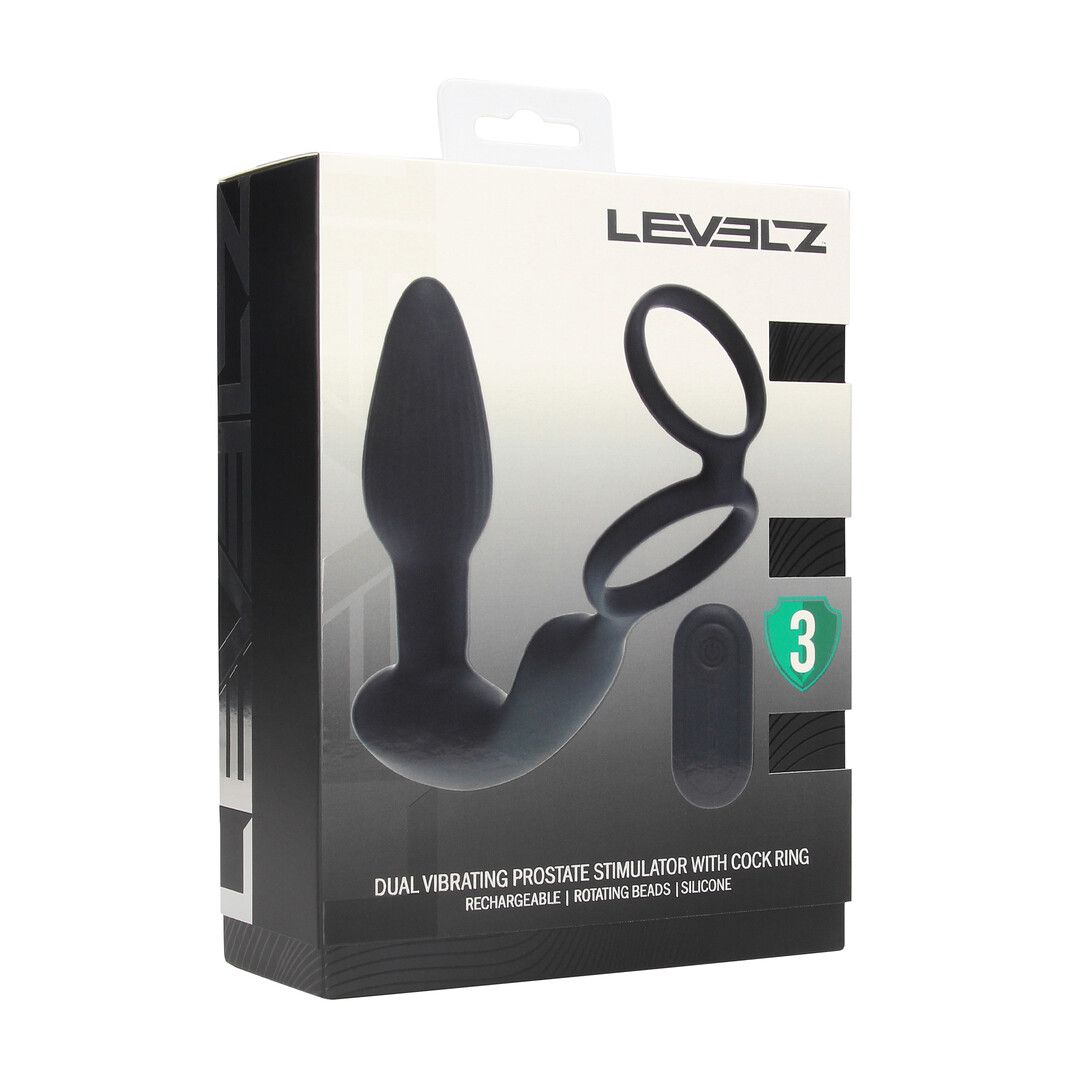 Levelz by shots Dual Vibrating Remote Rotating Beads Silicone Prostate Stimulator with Cock and Ball Ring - Black (8714273068163)
