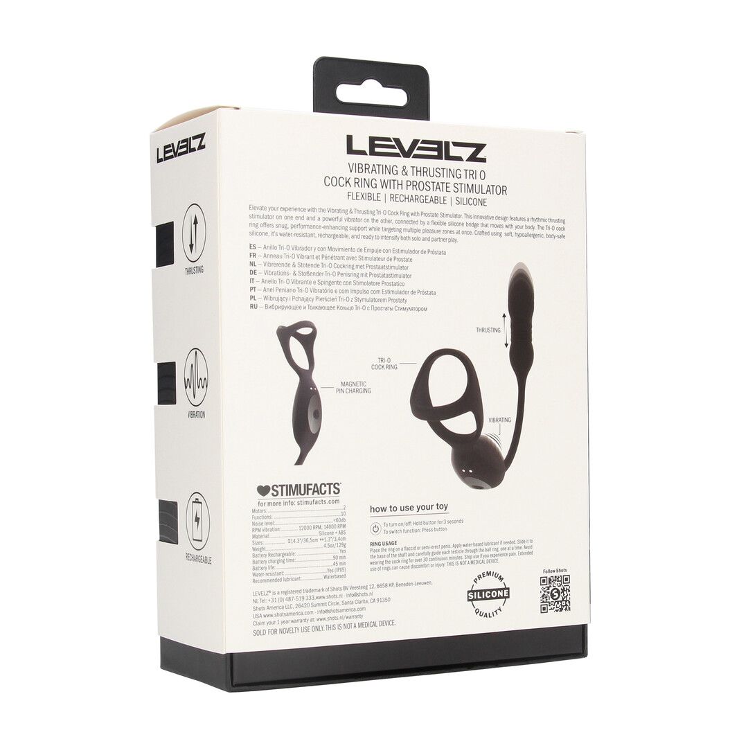 Levelz by shots Vibrerende en Duwende Silicone Tri O Cockring met Prostaat Stimulator - Zwart (8714273067814)