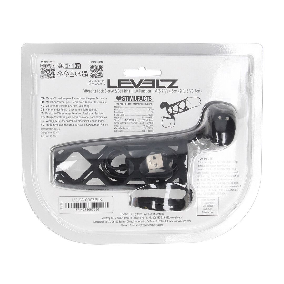 Levelz by shots Vibrerende Kooi Silicone Penis Huls en Balring - Zwart (8714273067296)