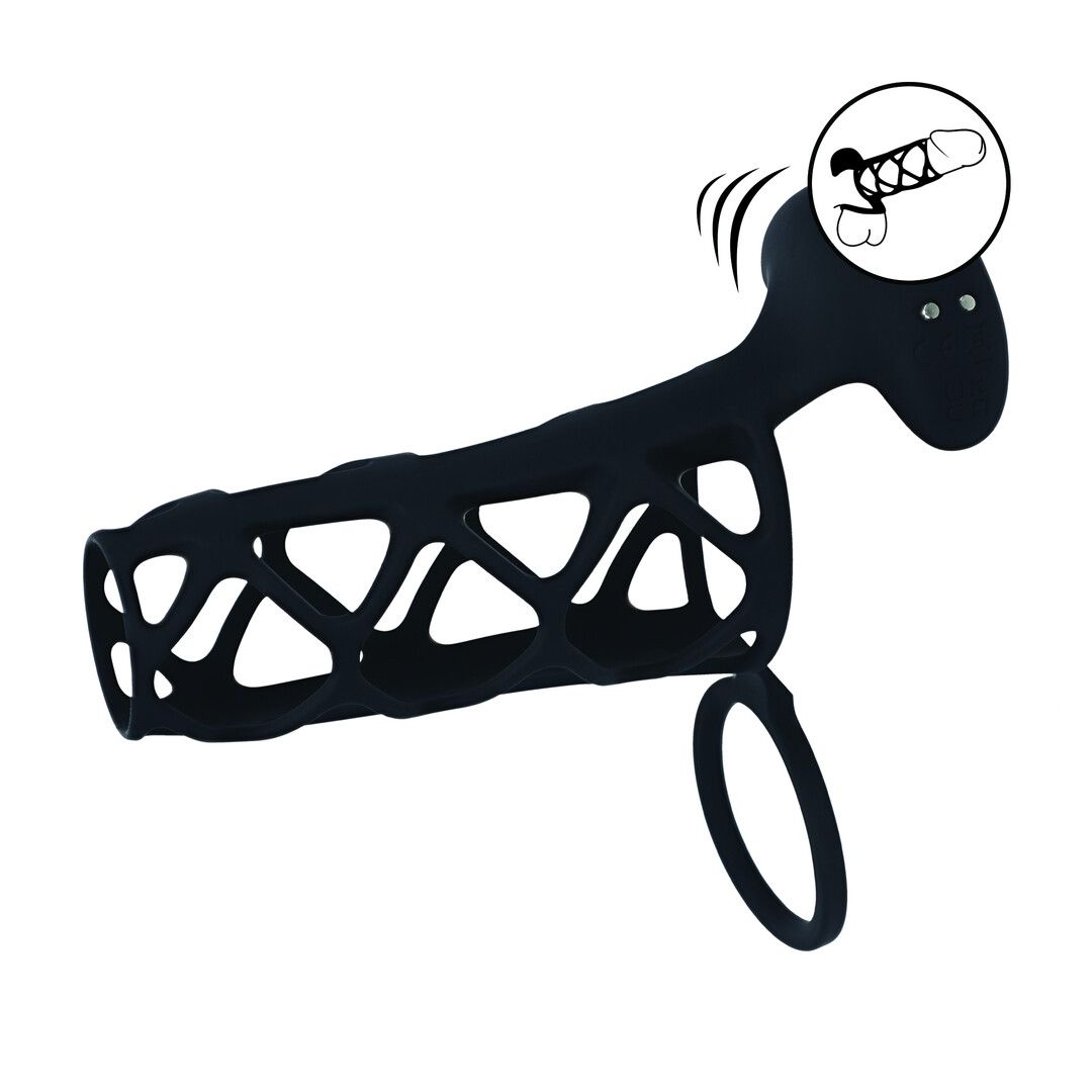Levelz by shots Vibrerende Kooi Silicone Penis Huls en Balring - Zwart (8714273067296)