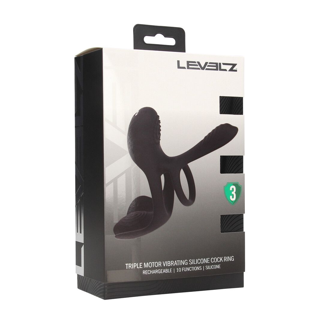 Levelz by shots Drievoudige Motor Vibrerende Siliconen Cockring - Zwart (8714273067715)
