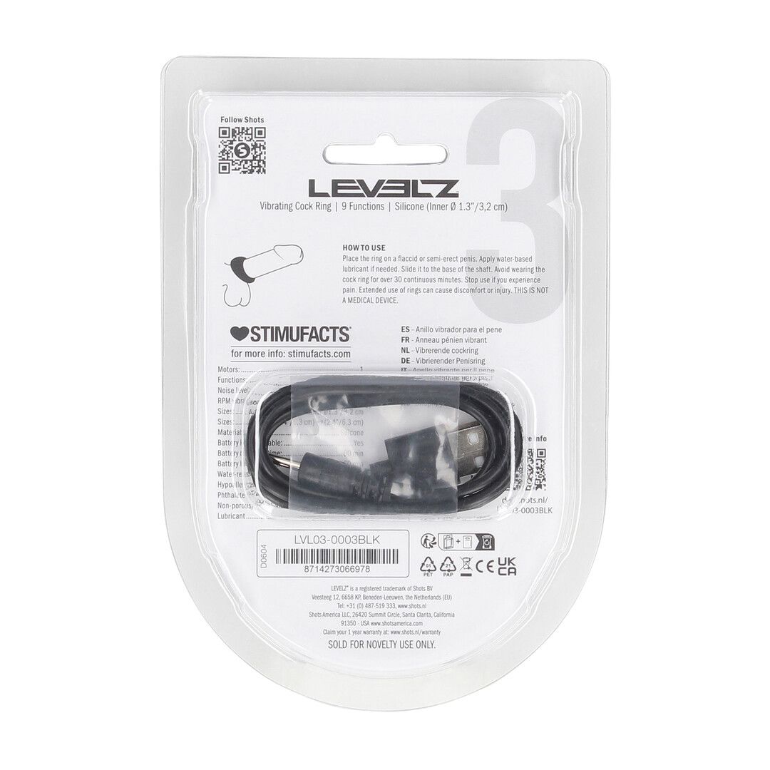 Levelz by shots Afgedichte Vloeibare Siliconen Vibrerende Cockring - Zwart (8714273066978)