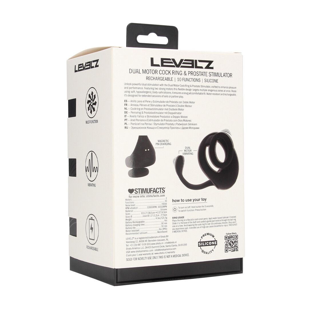 Levelz by shots Dubbele Motor Siliconen Cockring met Prostaat Stimulator - Zwart (8714273067852)