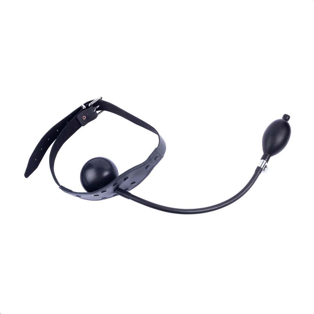 Red leather Leren Gag met Opblaasbare Bal - Zwart (3662811320486)
