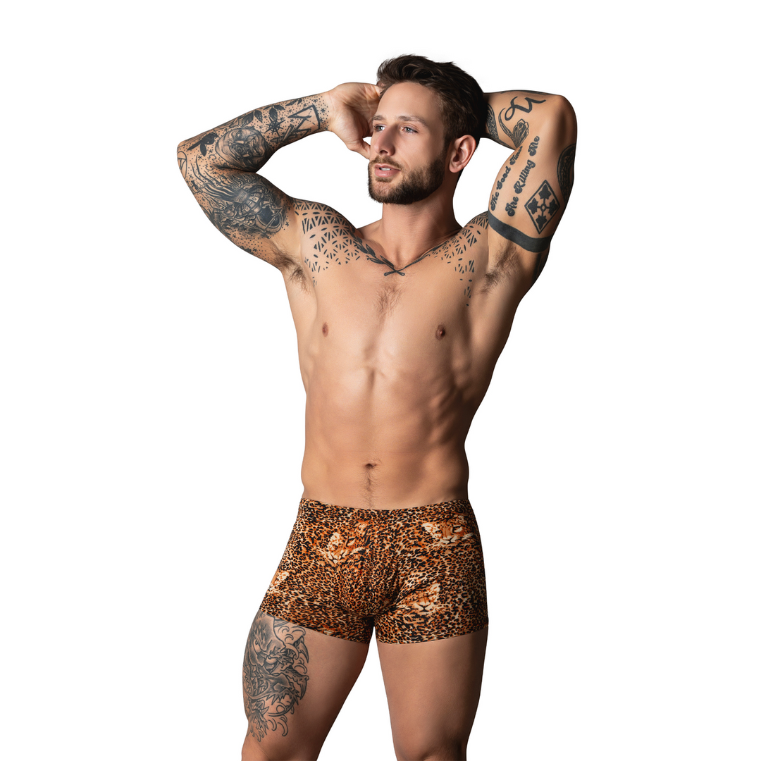 Male power Pouch Short met Zwarte Cockring - XL - Bruin Luipaard (845830095631)