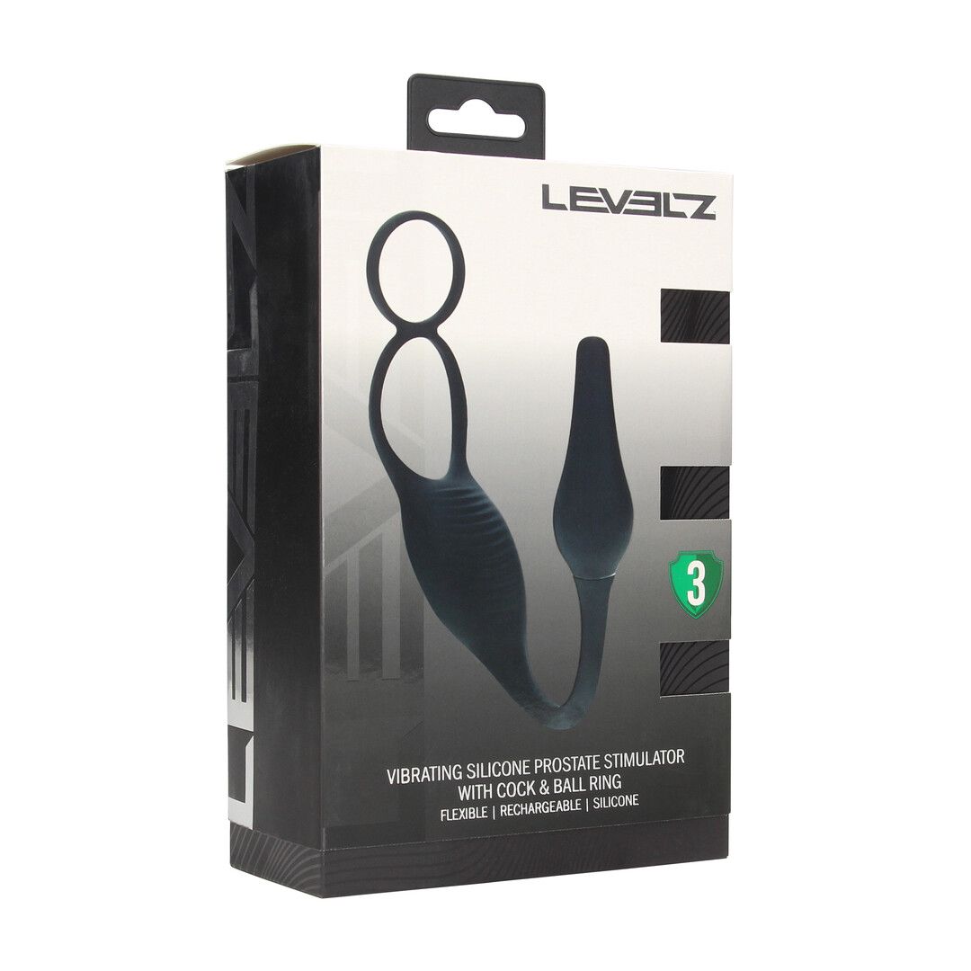 Levelz by shots Vibrerende Siliconen Prostaat Stimulator met Cock- en Ballring - Zwart (8714273067838)