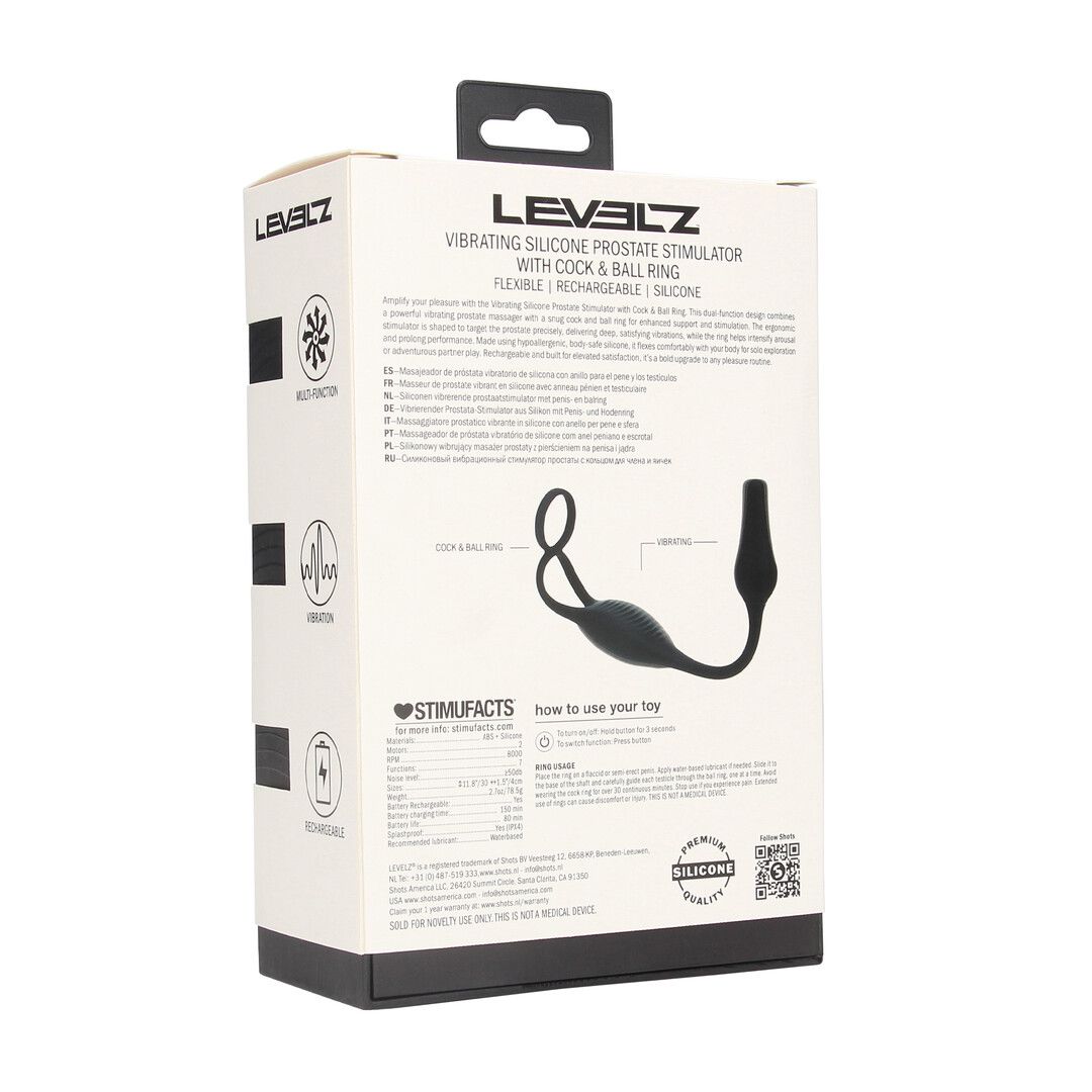 Levelz by shots Vibrerende Siliconen Prostaat Stimulator met Cock- en Ballring - Zwart (8714273067838)