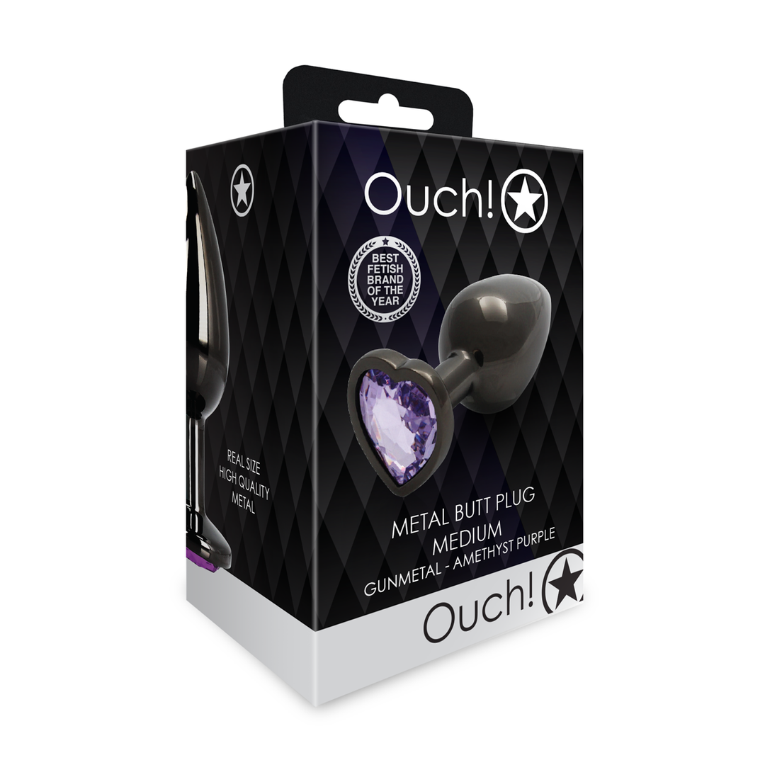 Ouch! by shots Heart Gem Butt Plug - Medium - Gunmetal/Amethist Paars (8714273493415)