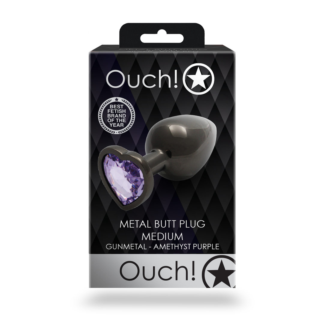Ouch! by shots Heart Gem Butt Plug - Medium - Gunmetal/Amethist Paars (8714273493415)
